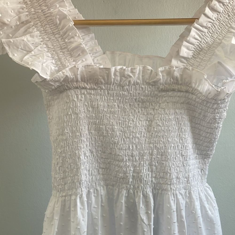 The Ellie Nap Midi Ruffle Dress in Dreamy Sheer White Swiss Dot Size XS - Picture 11 of 14